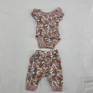Milkberry Bamboo Floral Ruffle Bodysuit and Joggers Set Baby Girl 0-3M Pink Core